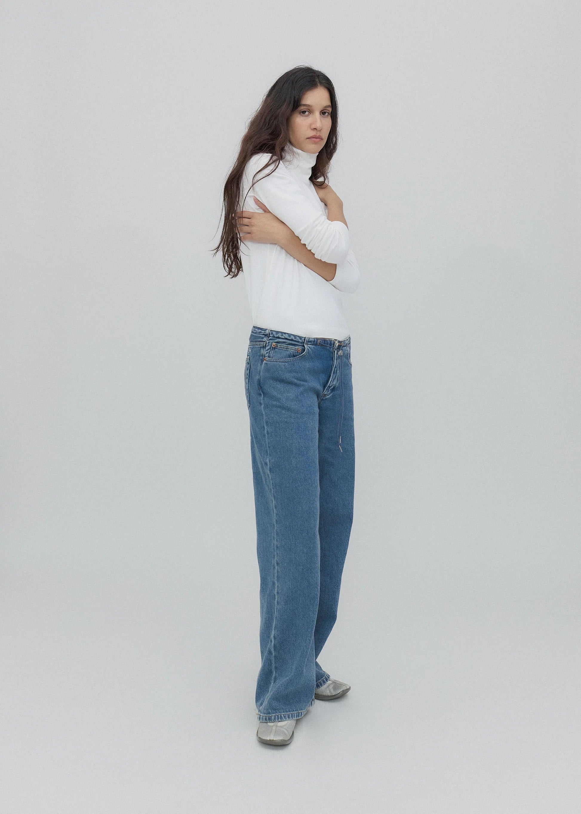 person wearing still here new york womens Cool Jean in Classic Blue