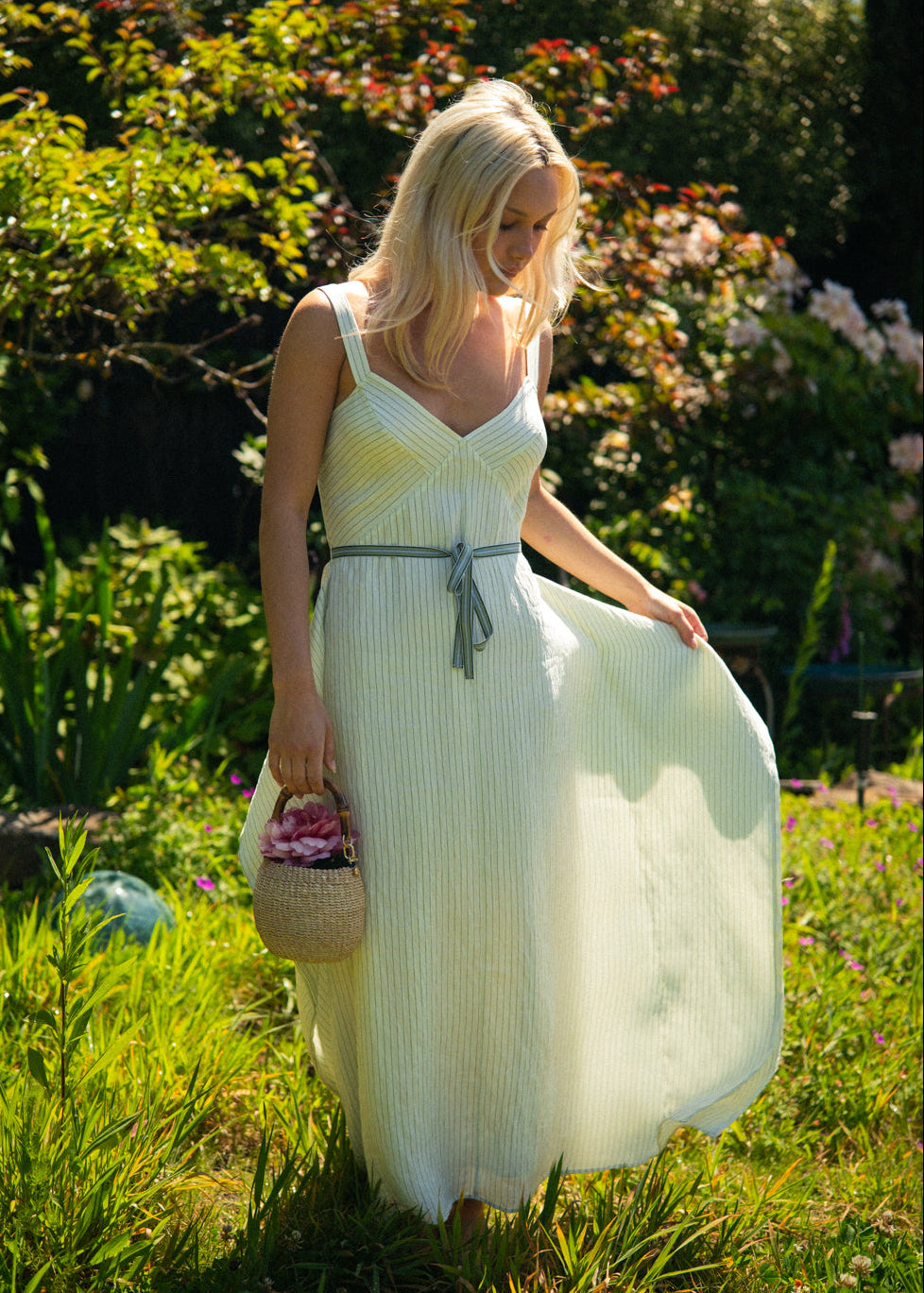 person wearing womens saint art marin pinstripe dress in mint