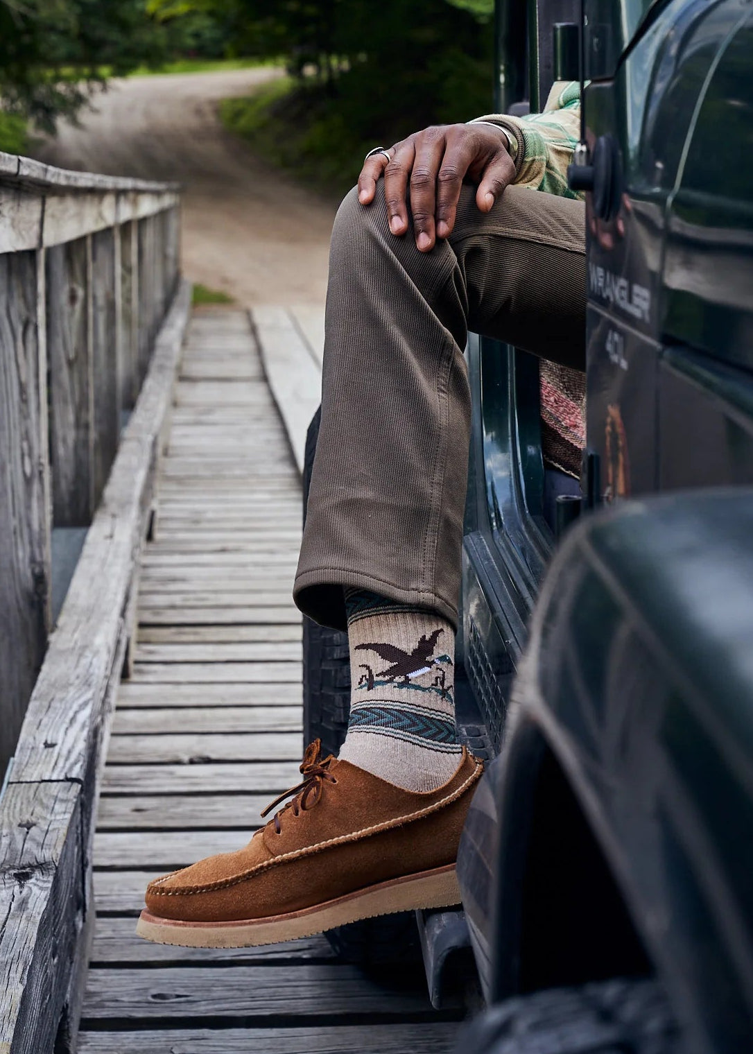 person wearing wythe Recycled Cotton Mallard Flight Jacquard Socks