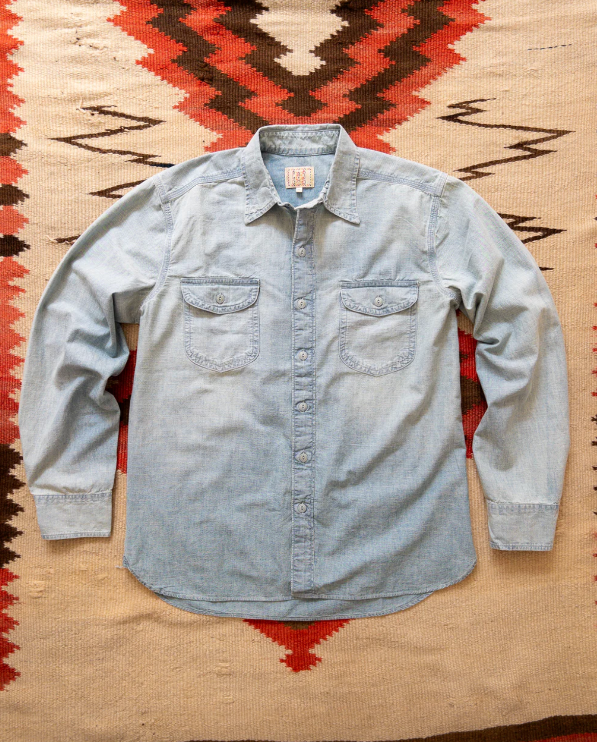 wythe mens Chambray Workshirt in Distressed and Sunfaded Indigo