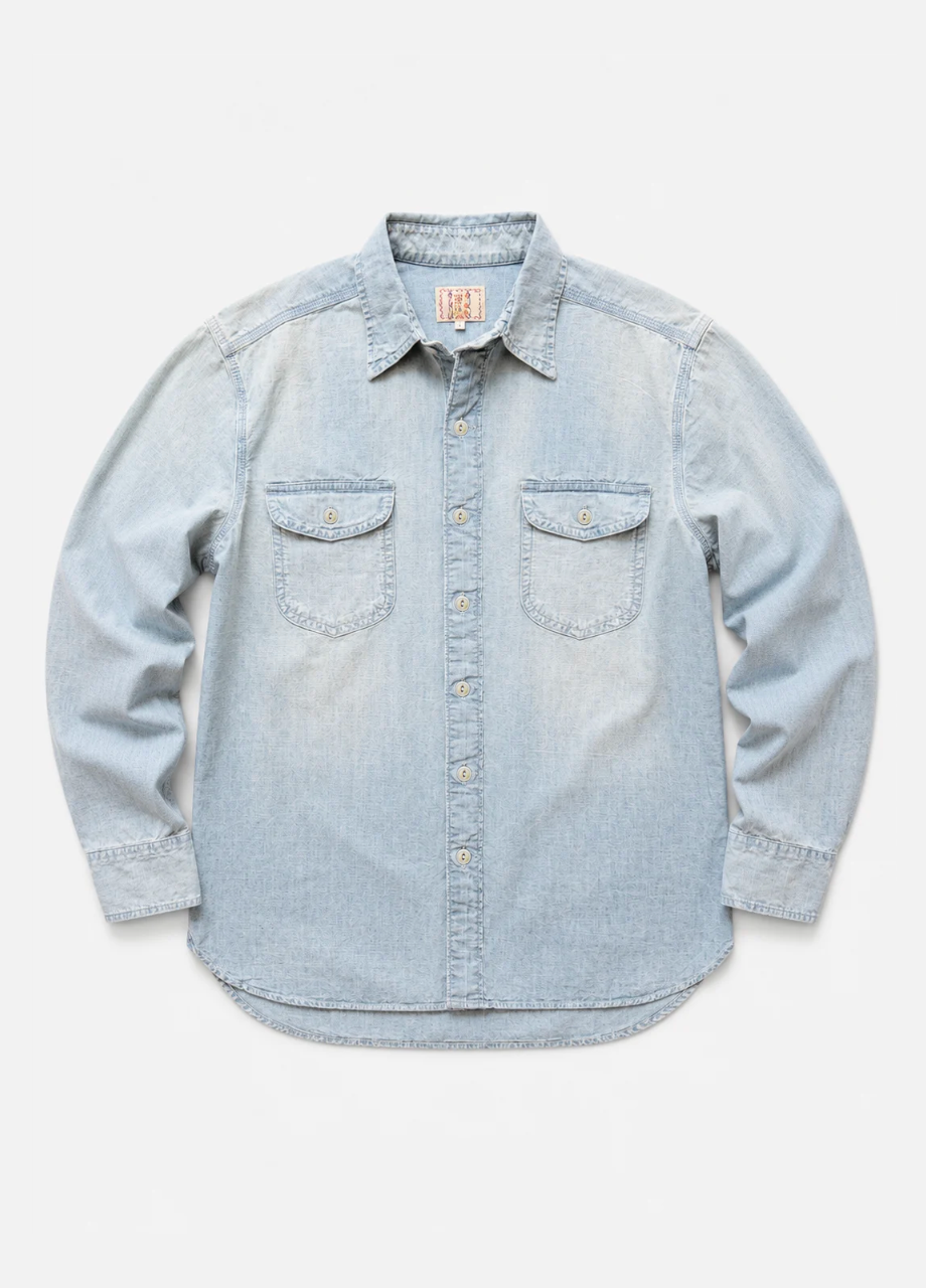 wythe mens Chambray Workshirt in Distressed and Sunfaded Indigo