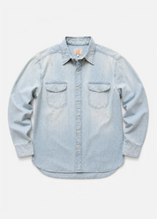 wythe mens Chambray Workshirt in Distressed and Sunfaded Indigo