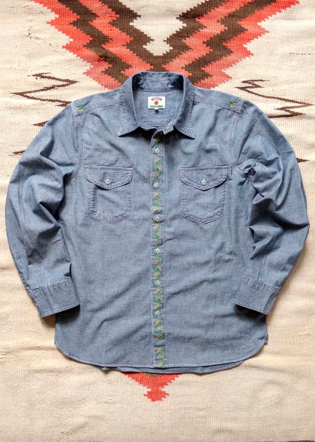 wythe mens Embroidered Chambray Workshirt in Rinsed Indigo