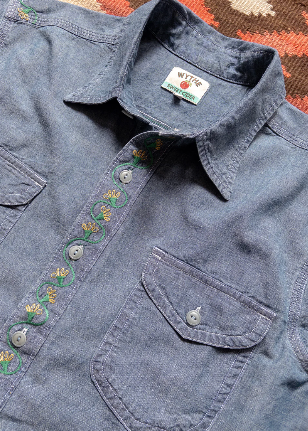 wythe mens Embroidered Chambray Workshirt in Rinsed Indigo