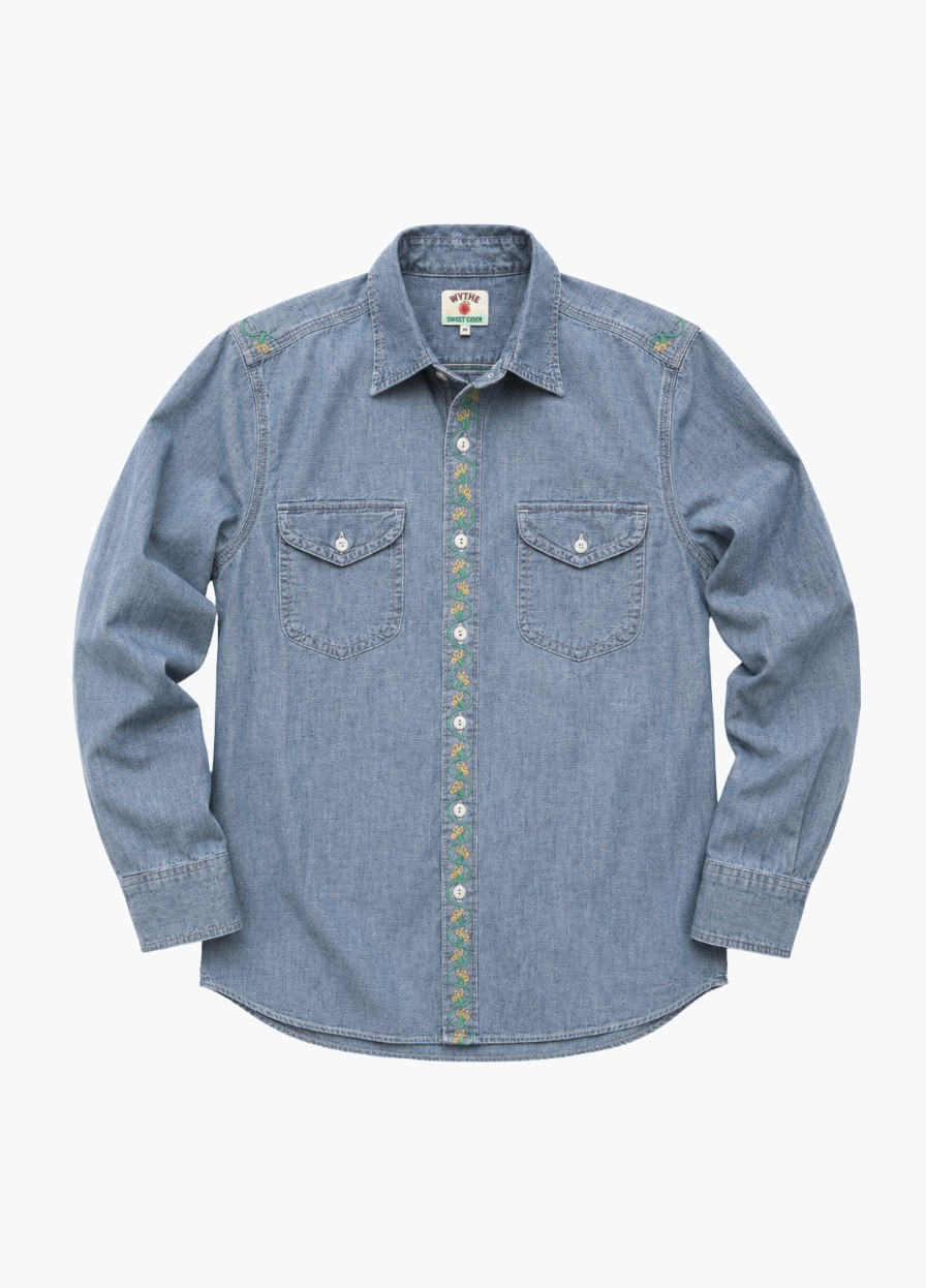 wythe mens Embroidered Chambray Workshirt in Rinsed Indigo