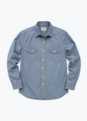 wythe mens Embroidered Chambray Workshirt in Rinsed Indigo