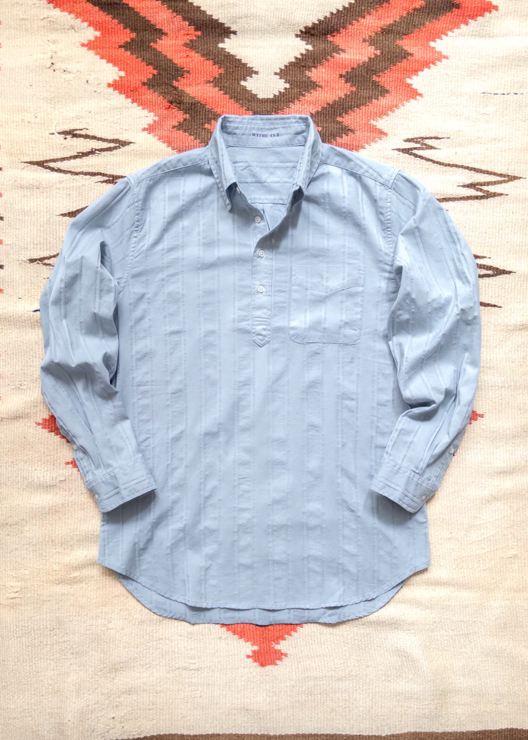 wythe mens French Hickory Stripe Popover Button Down in Faded Bench Blue