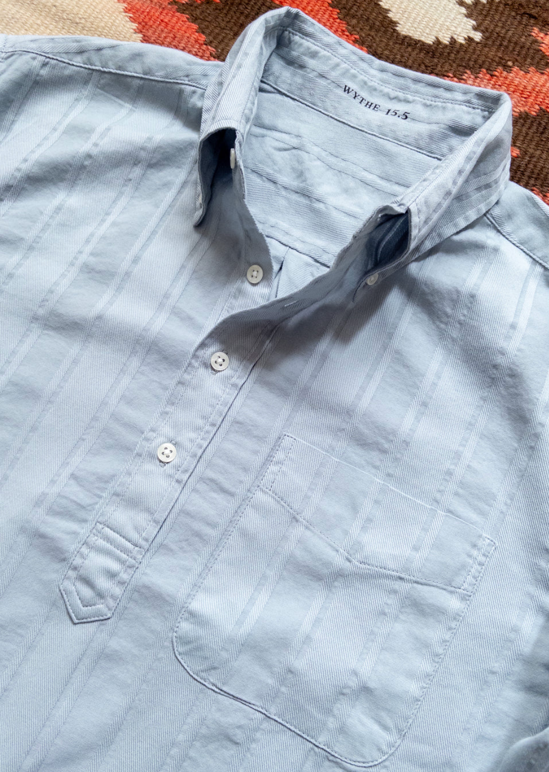 wythe mens French Hickory Stripe Popover Button Down in Faded Bench Blue