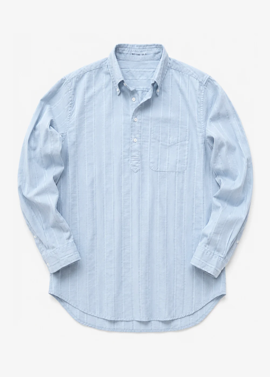 wythe mens French Hickory Stripe Popover Button Down in Faded Bench Blue