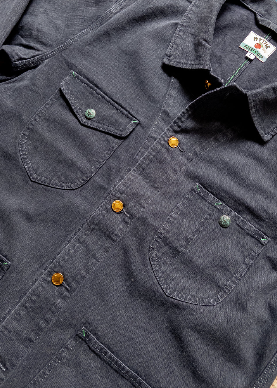 wythe mens Japanese Cotton Herringbone Barn Jacket in Faded Navy