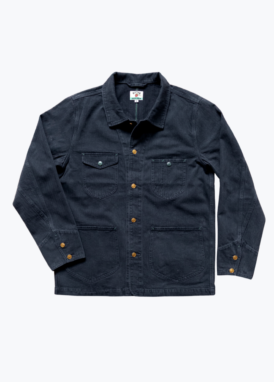 wythe mens Japanese Cotton Herringbone Barn Jacket in Faded Navy