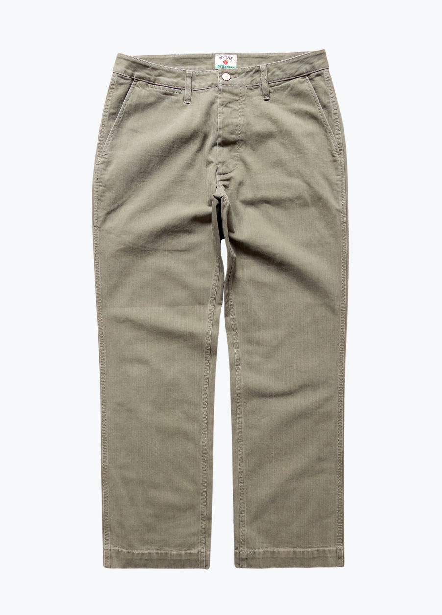 wythe mens Japanese Cotton Herringbone Chino in Faded Olive