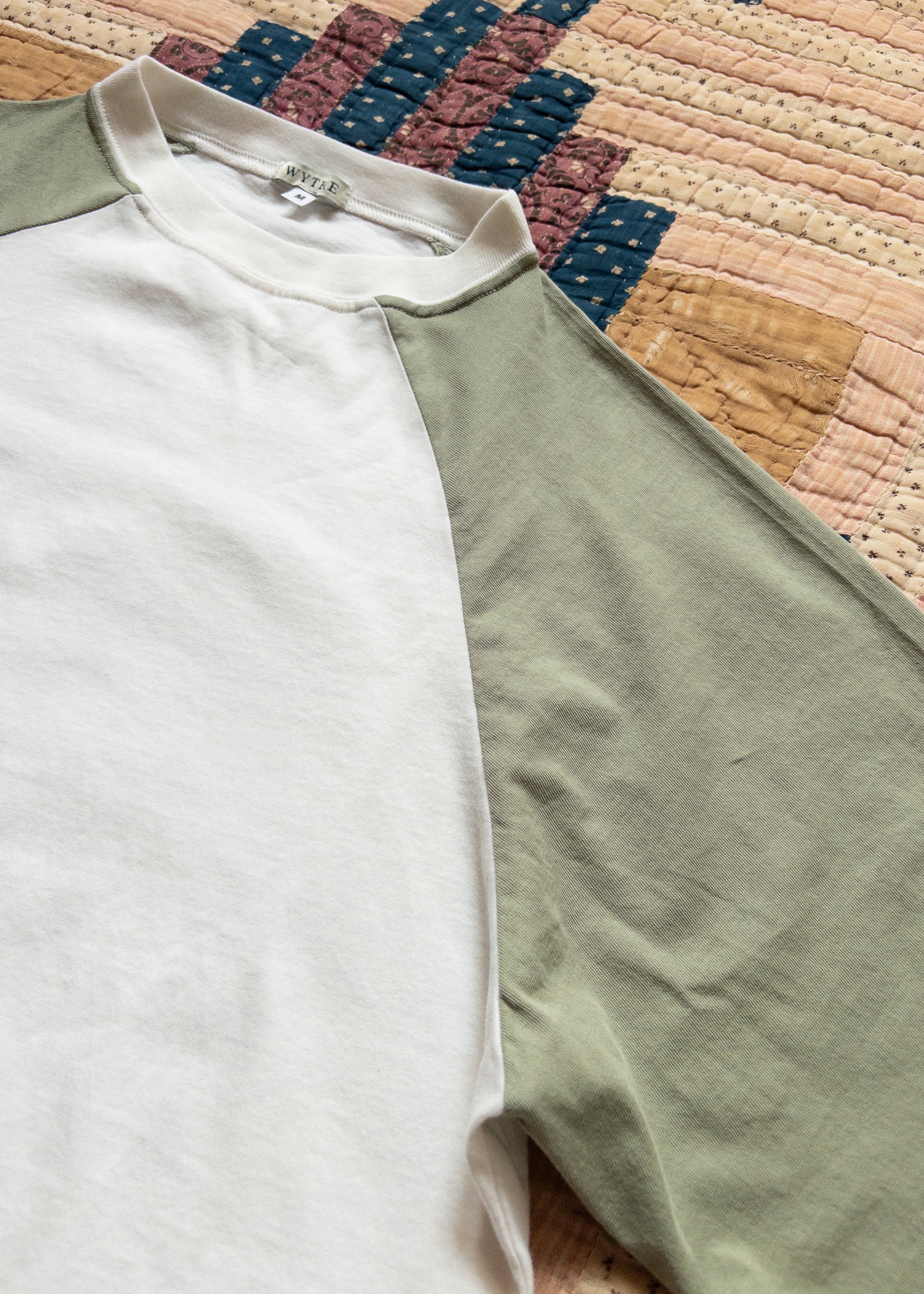wythe mens Long Sleeve Raglan T-Shirt in Faded Olive ivory white