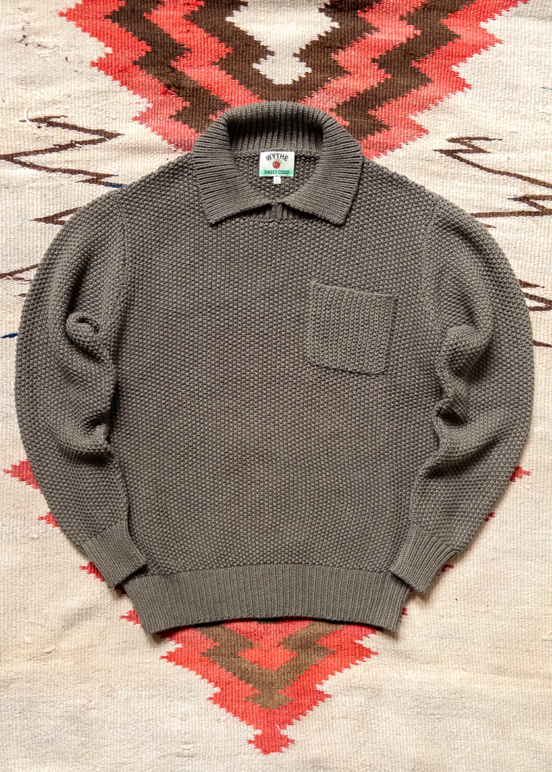wythe mens Moss Stitch Collared Sweater in Dusty Olive