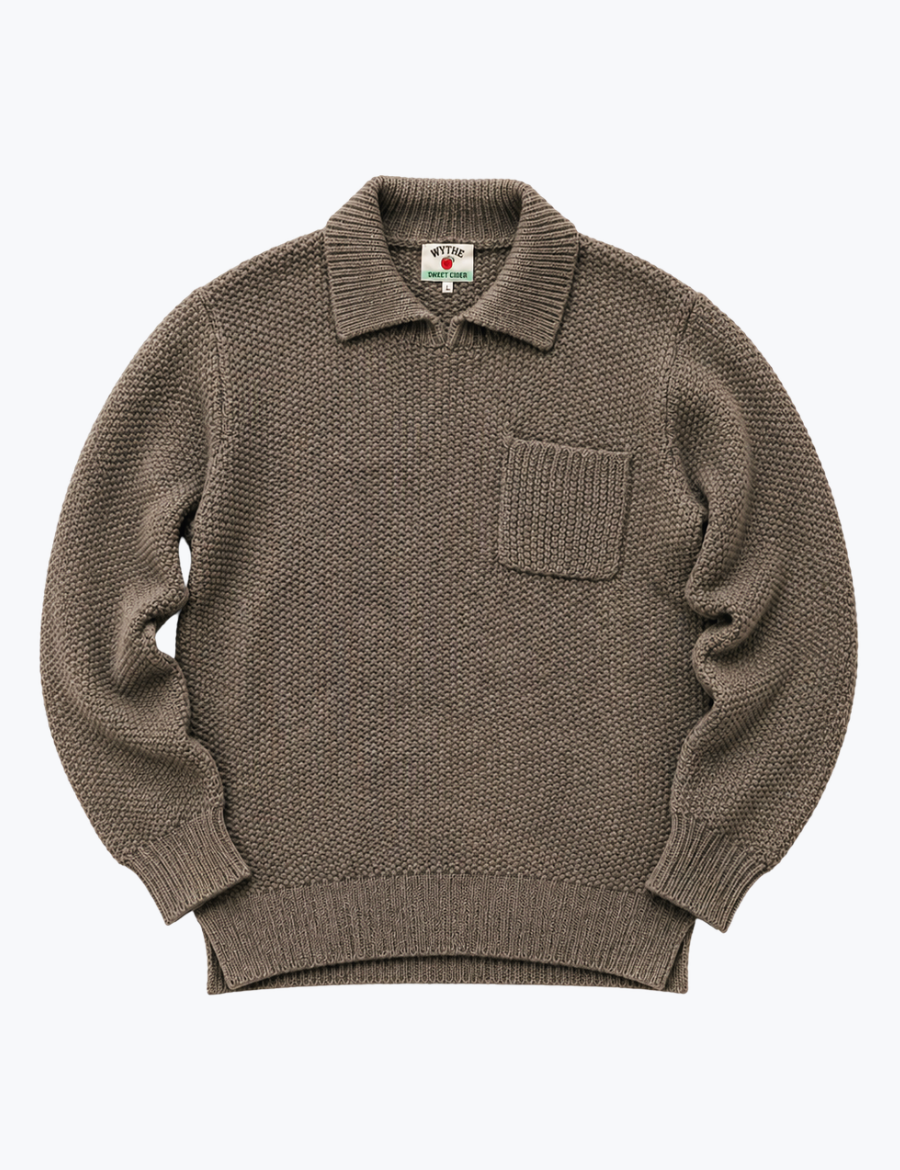 wythe mens Moss Stitch Collared Sweater in Dusty Olive