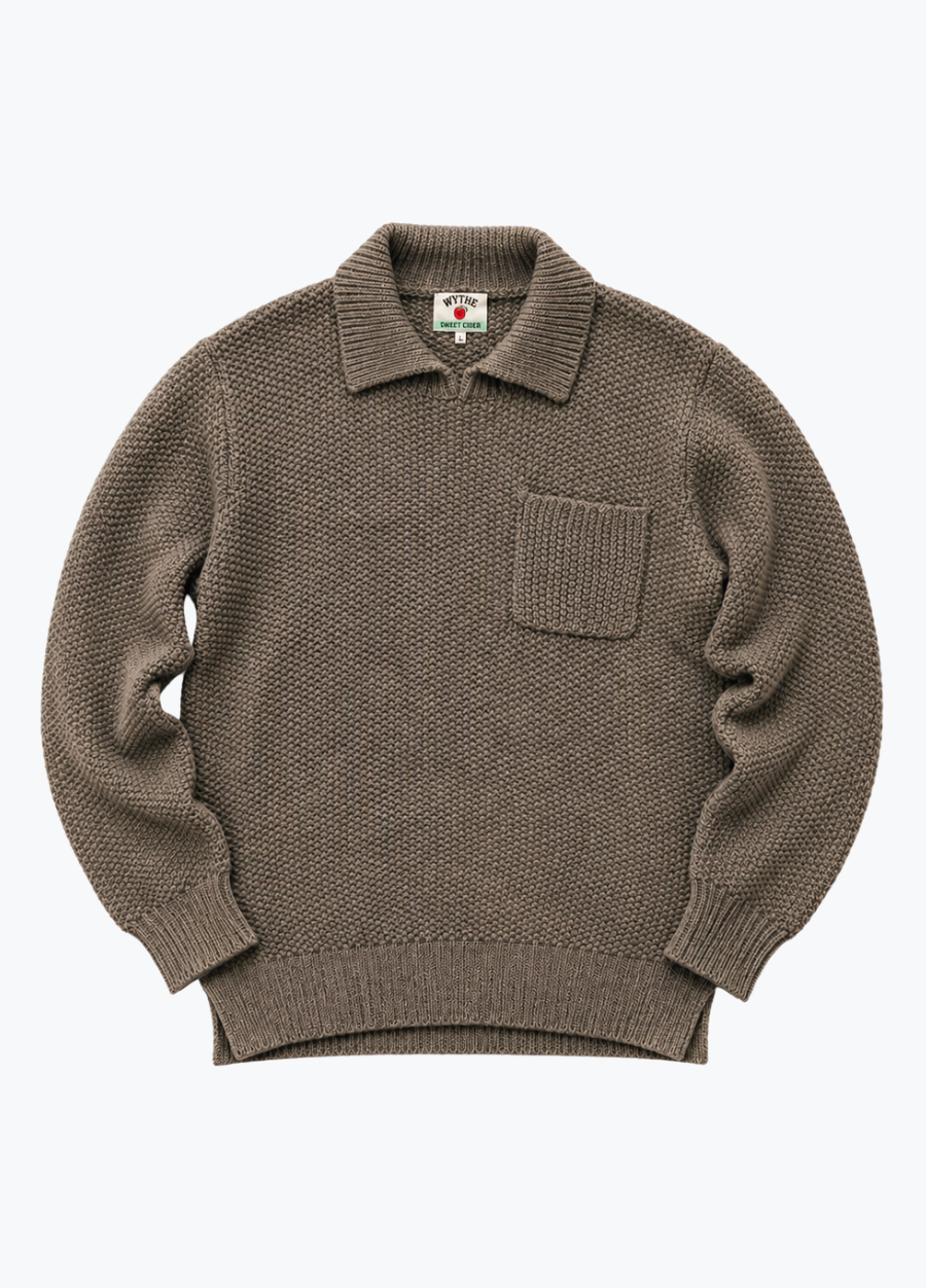 wythe mens Moss Stitch Collared Sweater in Dusty Olive
