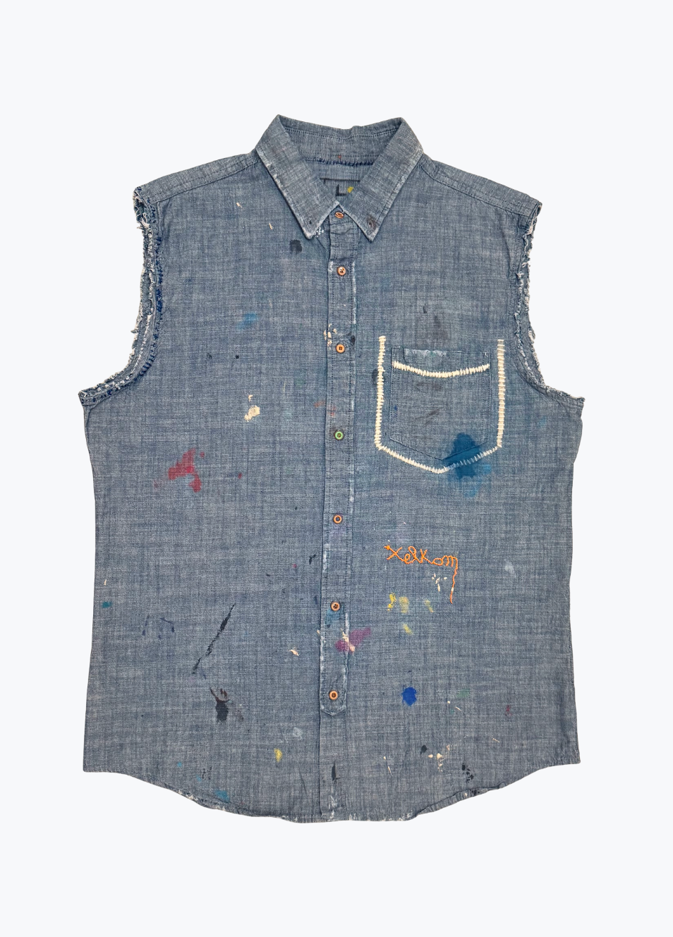 xelkom mens denim One-of-a-Kind Washed Sleeveless Chambray Button-Up