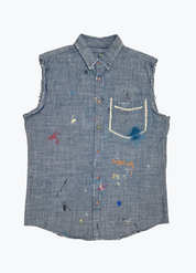 xelkom mens denim One-of-a-Kind Washed Sleeveless Chambray Button-Up