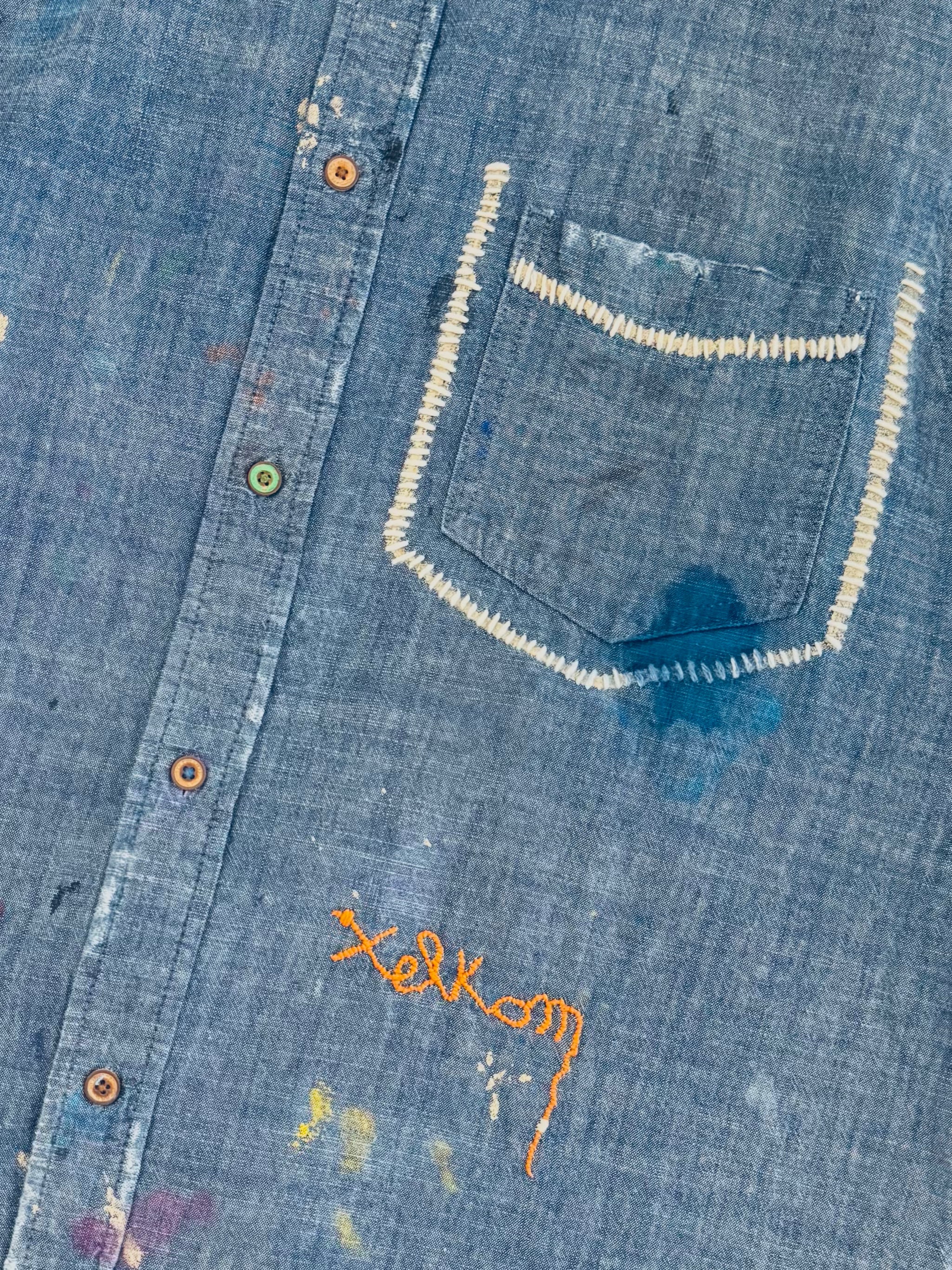 xelkom mens denim One-of-a-Kind Washed Sleeveless Chambray Button-Up