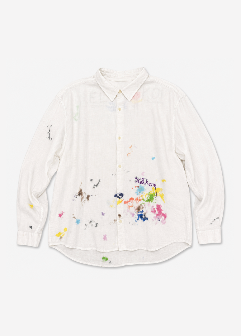 xelkom unisex One-of-a-Kind Linen Workshirt in White & Purple embroidery