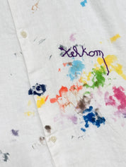 xelkom unisex One-of-a-Kind Linen Workshirt in White & Purple embroidery