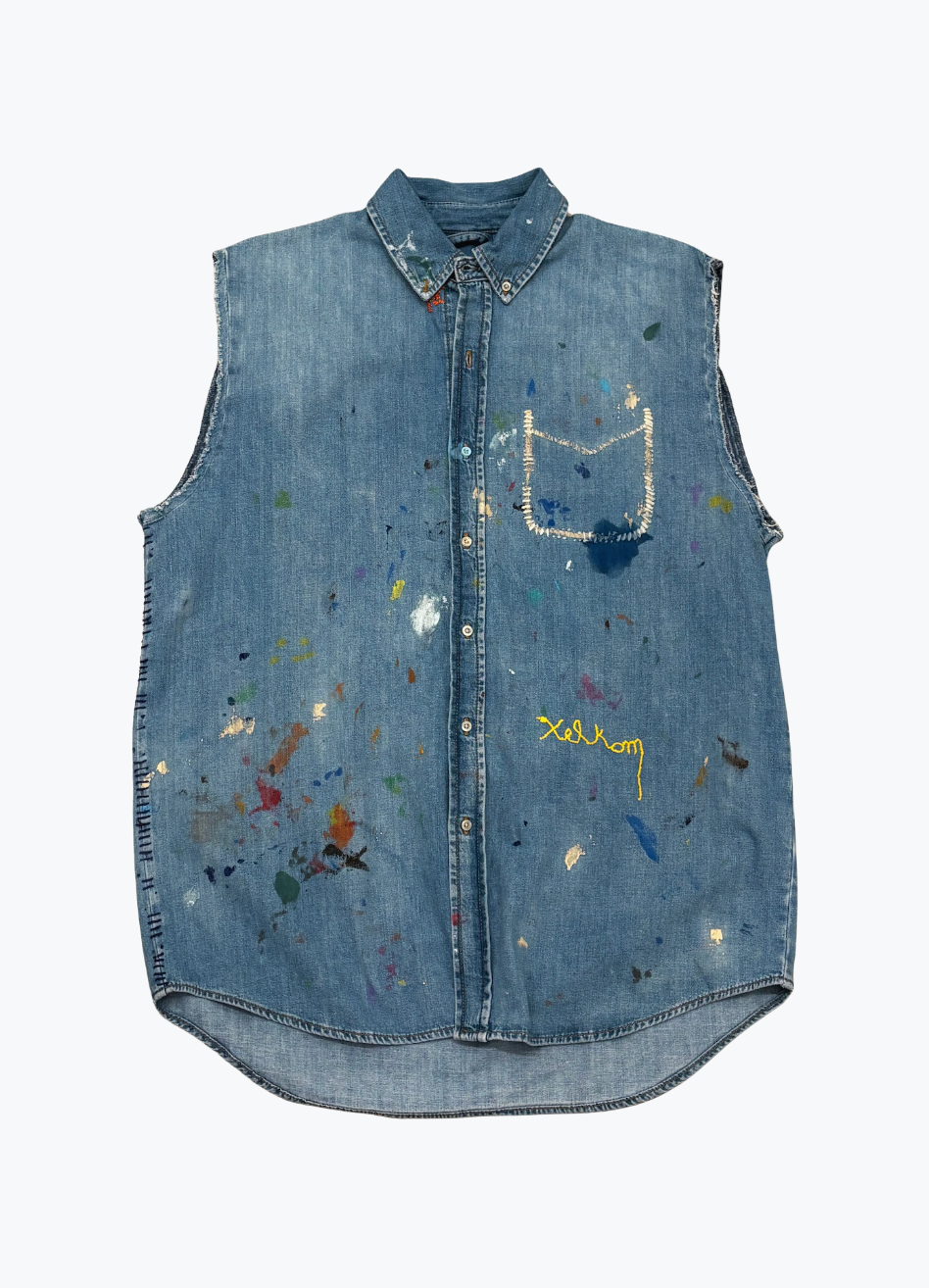 xelkom unisex One-of-a-Kind Washed Sleeveless Denim Button-Up