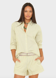 person wearing xirena womens cotton Beau Shirt in Citrine Stripe
